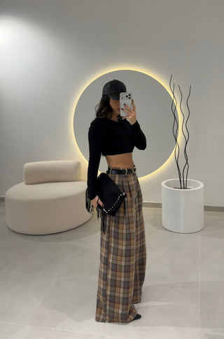 Beige Plaid Classic Trousers