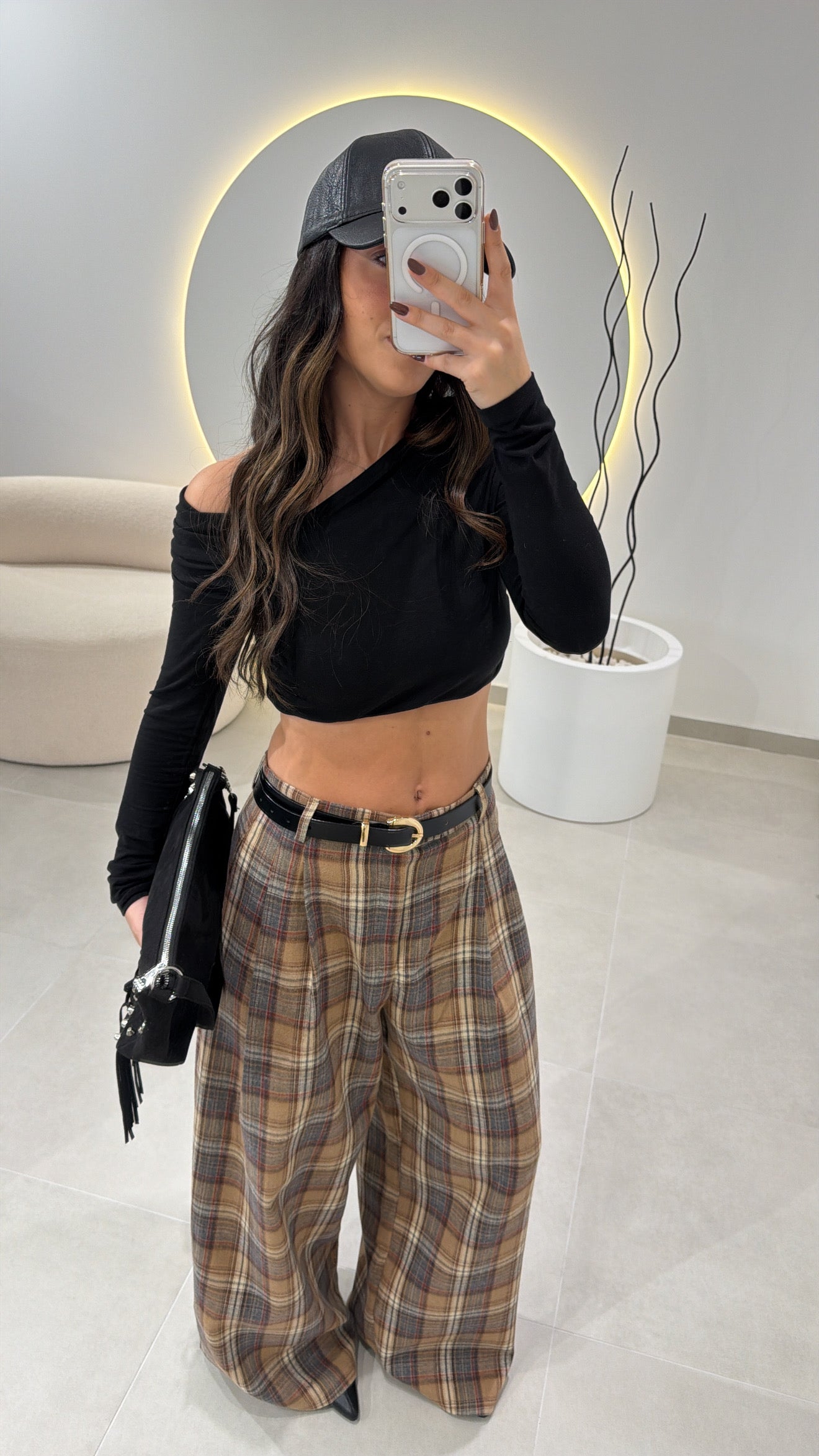 Beige Plaid Classic Trousers