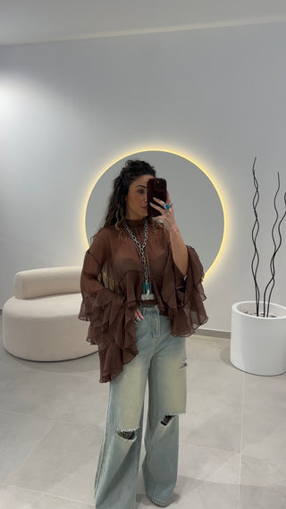 Blusa Castanha Folhos
