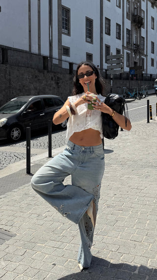 Embroidered Wide Leg Jeans