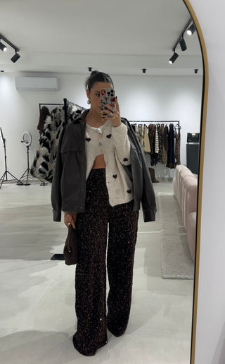 Brown Sequin Wide Leg Trousers