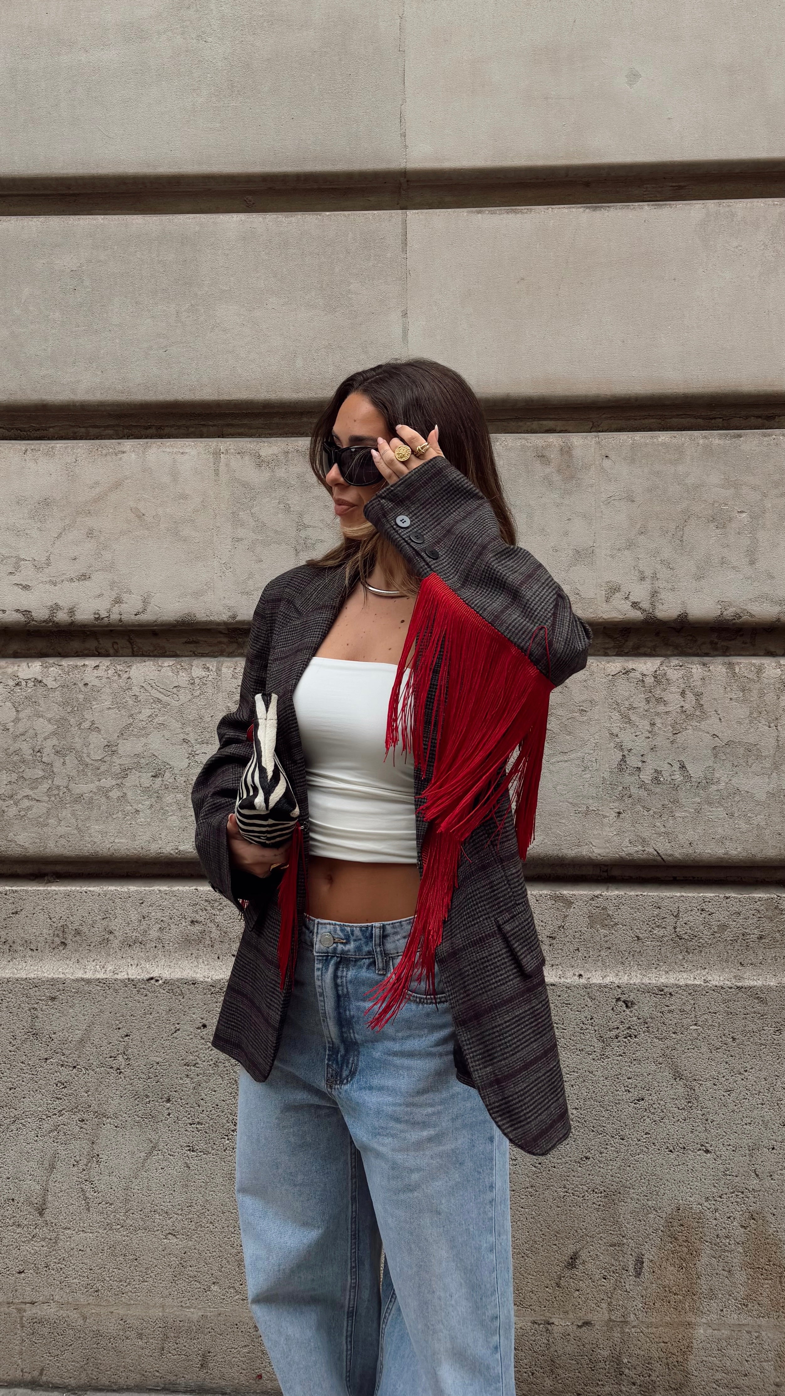 Checkered Fringed Blazer Lumina