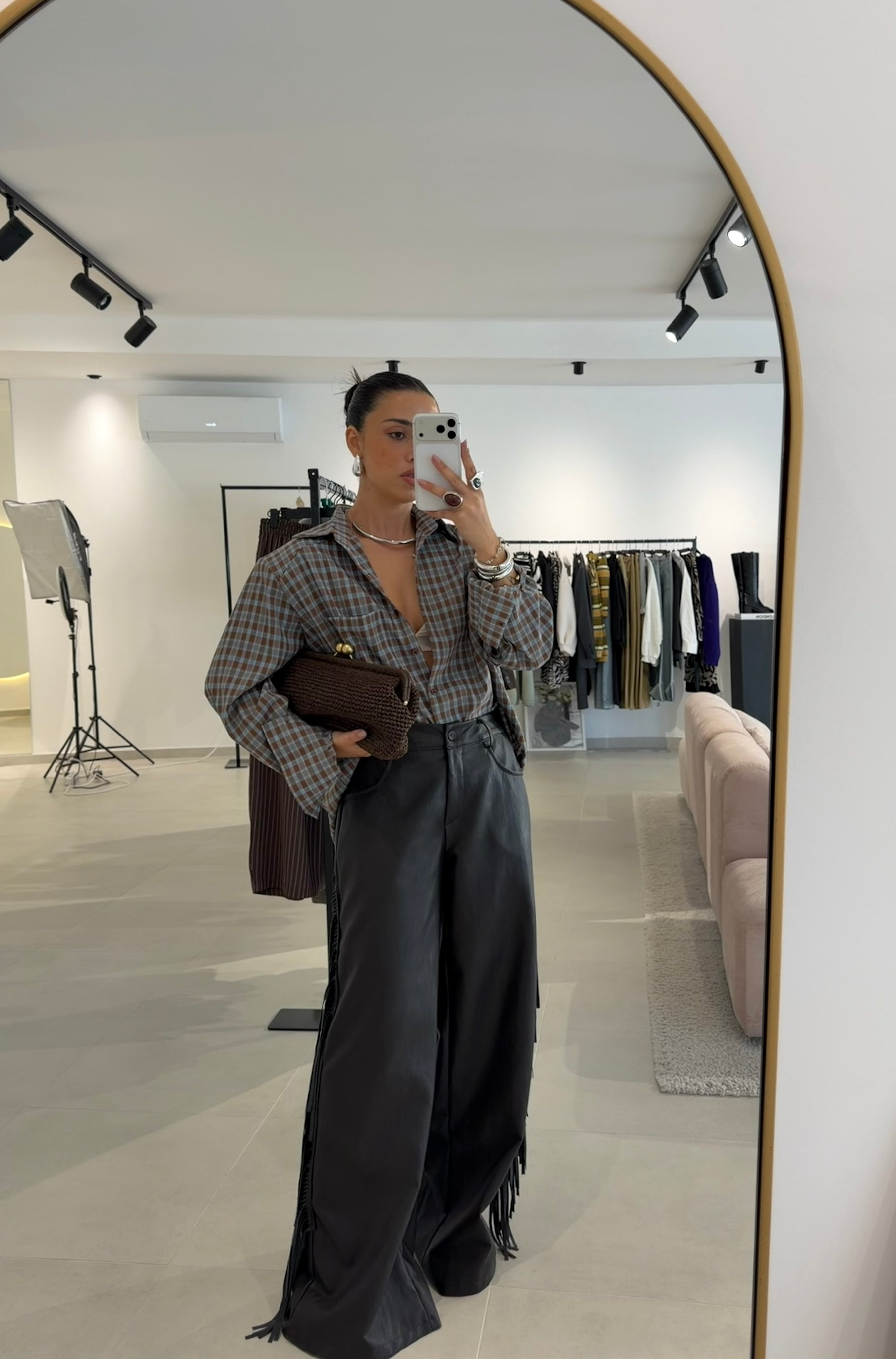Brown Fringed Faux Leather Pants
