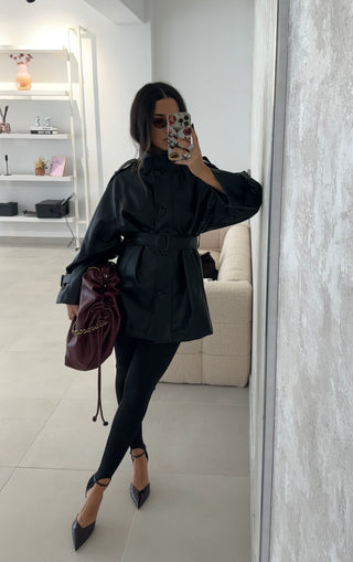 Black Faux Leather Trench