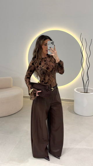Brown Bodysuit with Flower Details