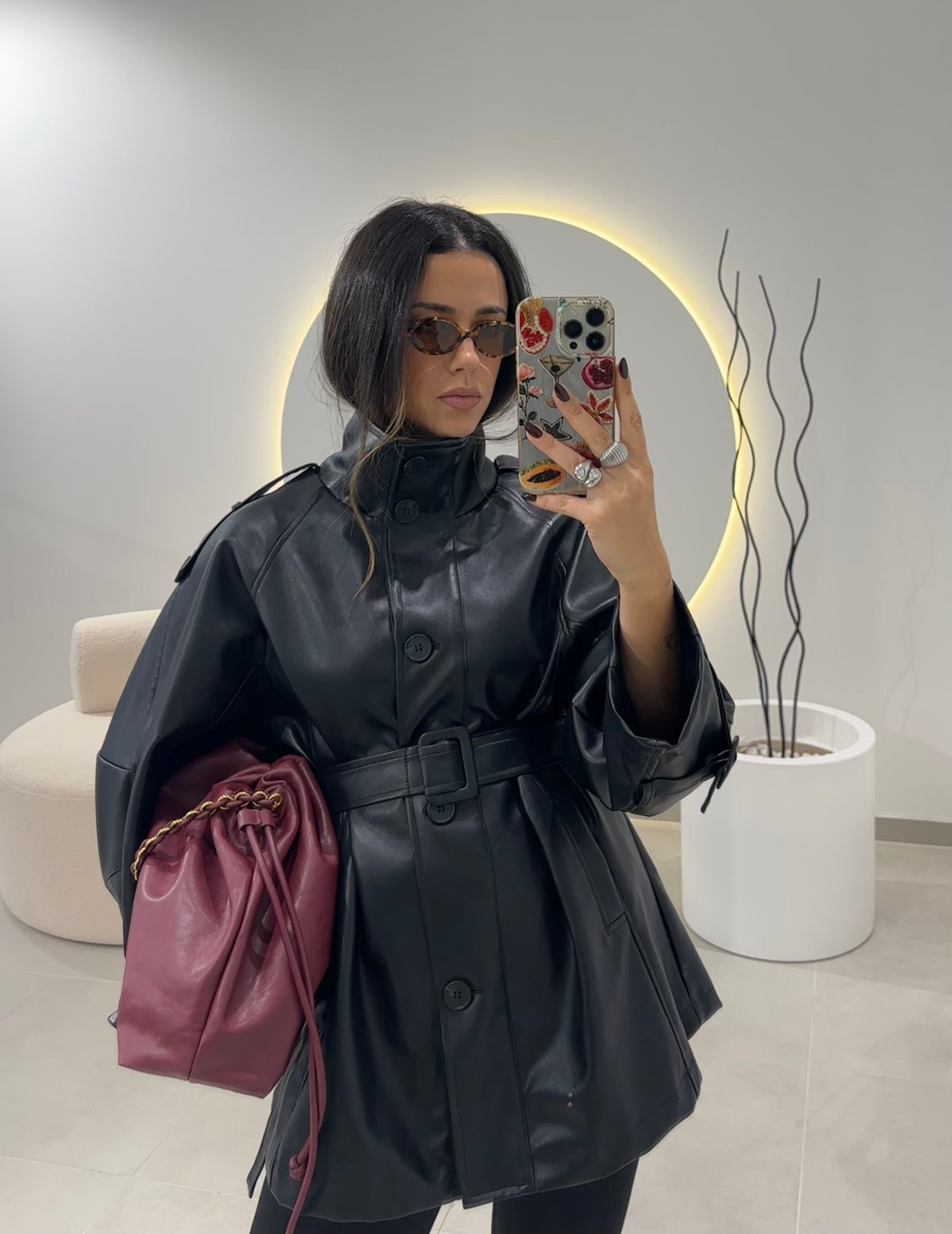 Black Faux Leather Trench