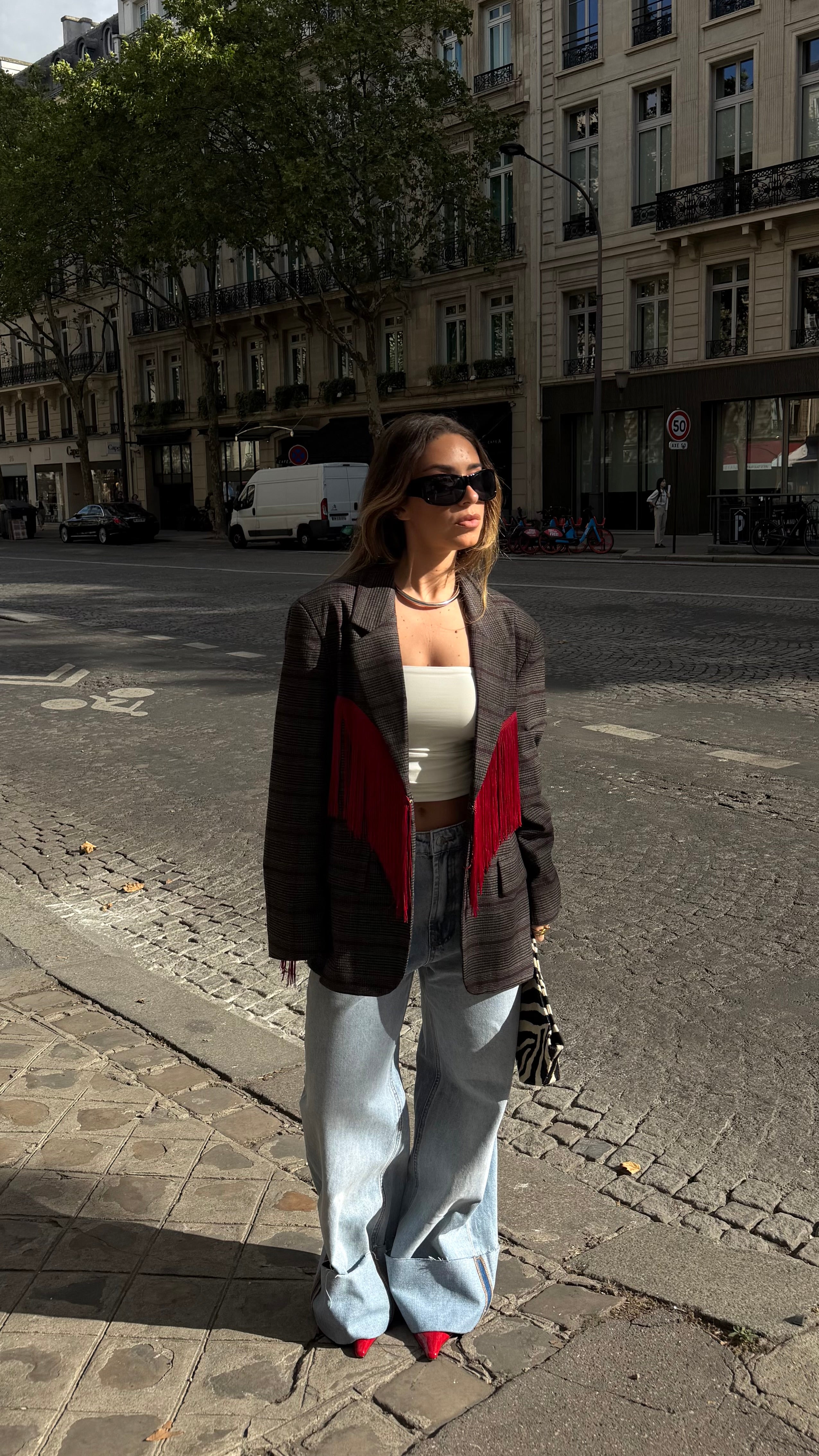 Checkered Fringed Blazer Lumina
