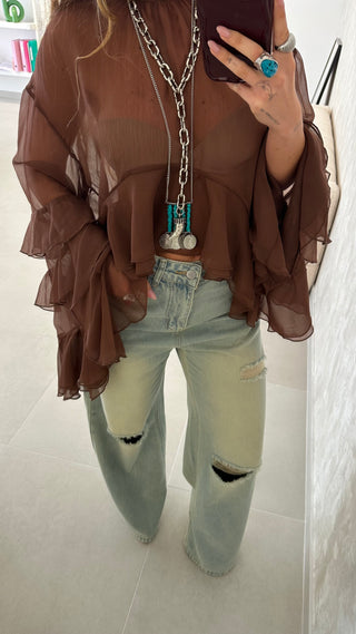Blusa Castanha Folhos