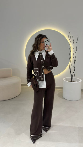 Brown Knit Cardigan Set