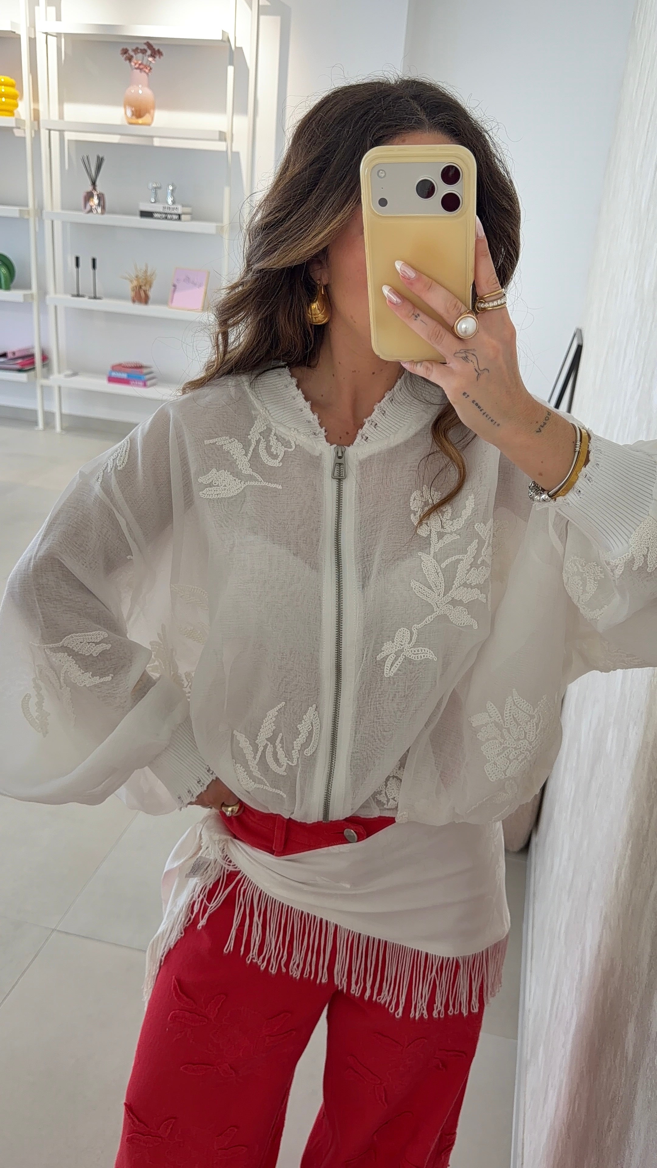 White Oversized Embroidered Bomber