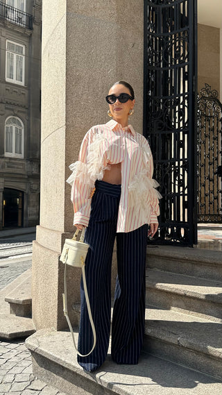 Camisa Riscas Rosa e Tule
