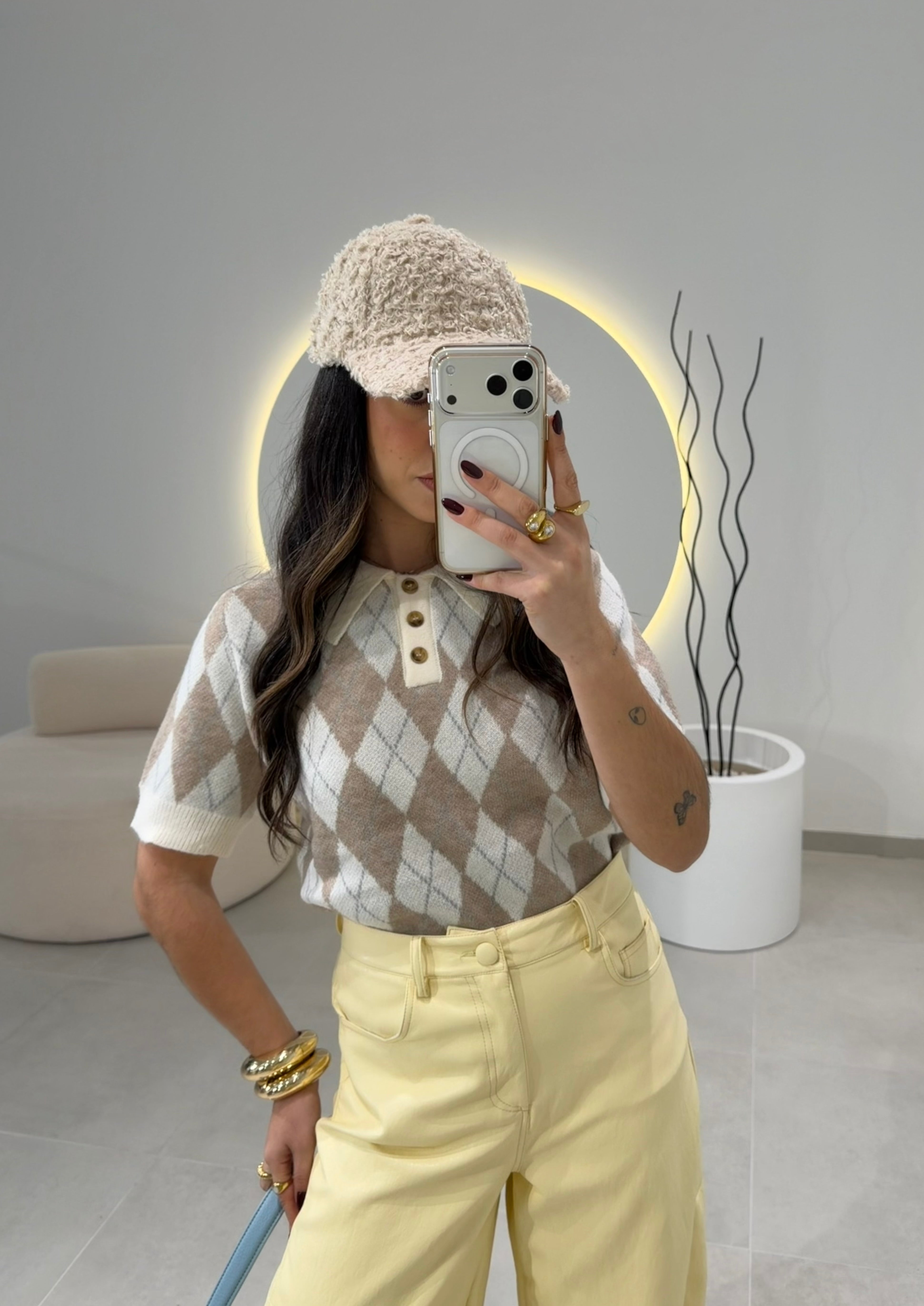 Diamond Pattern Beige Polo