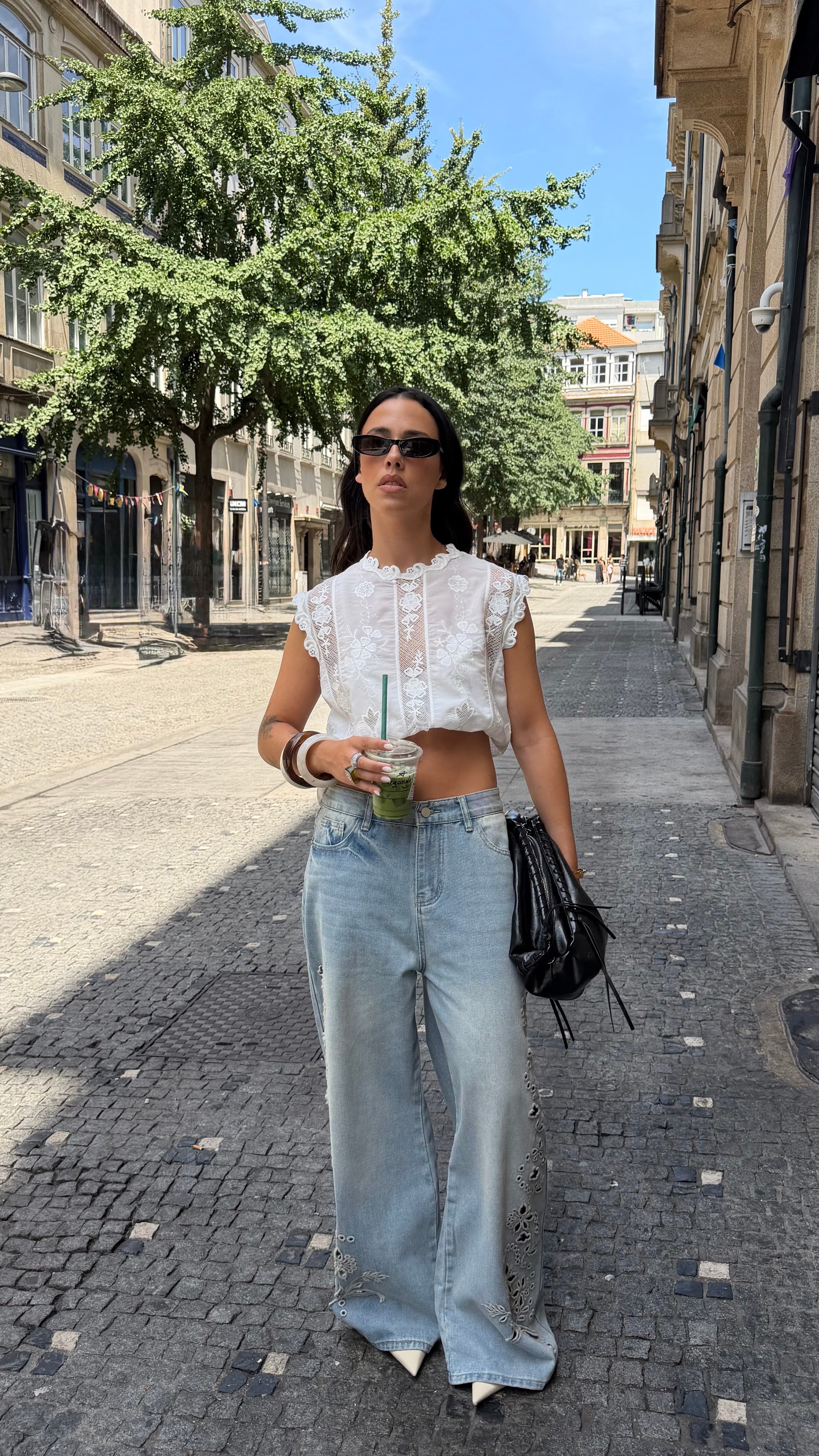 Embroidered Wide Leg Jeans