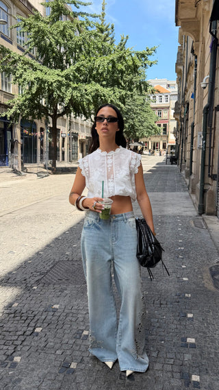 Embroidered Wide Leg Jeans