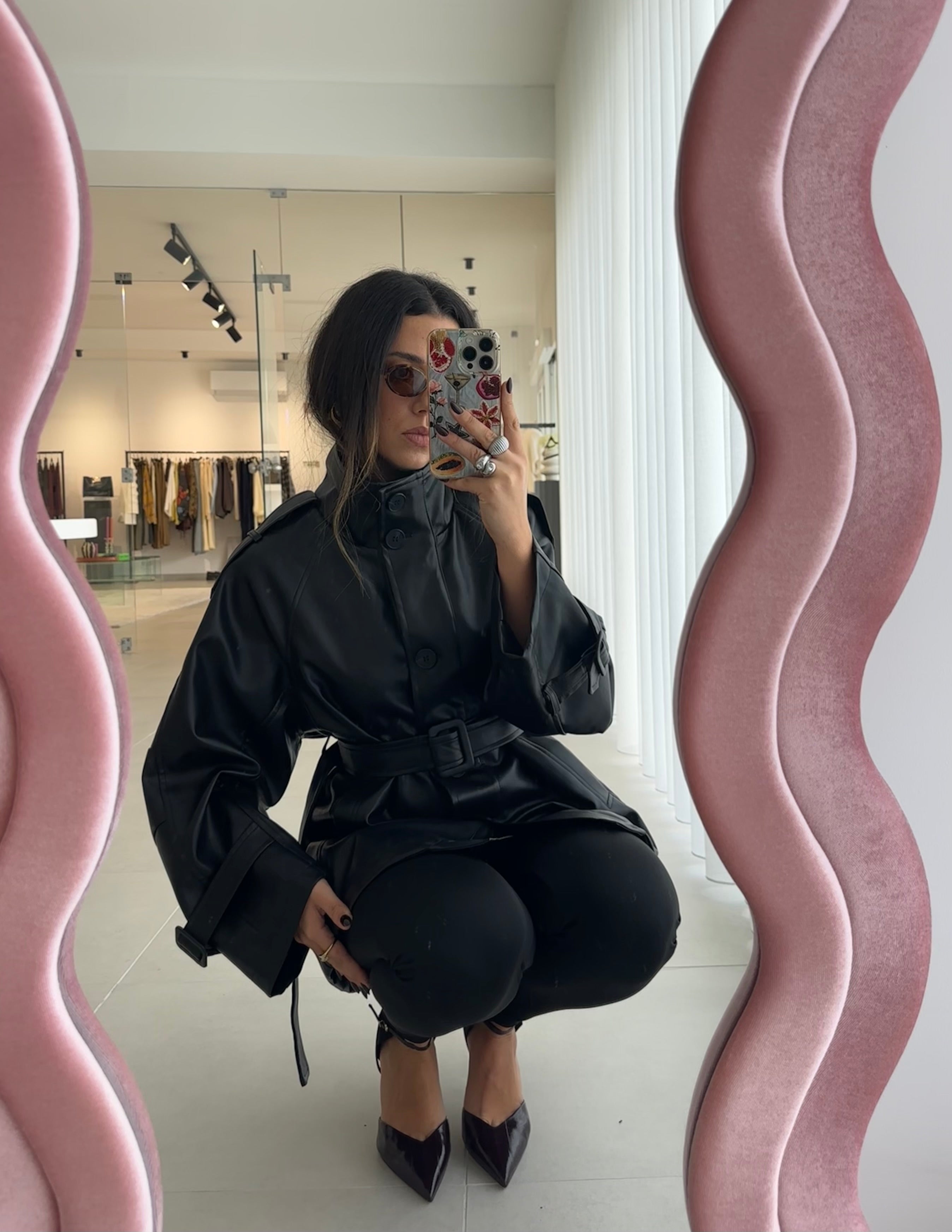 Black Faux Leather Trench