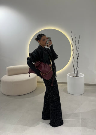 Black Sequin Wide Leg Trousers