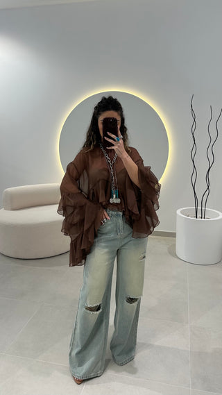 Blusa Castanha Folhos