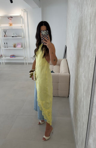 Yellow Asymmetrical Lace Top Lumina