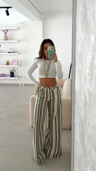 Green Wide Leg Striped Jeans