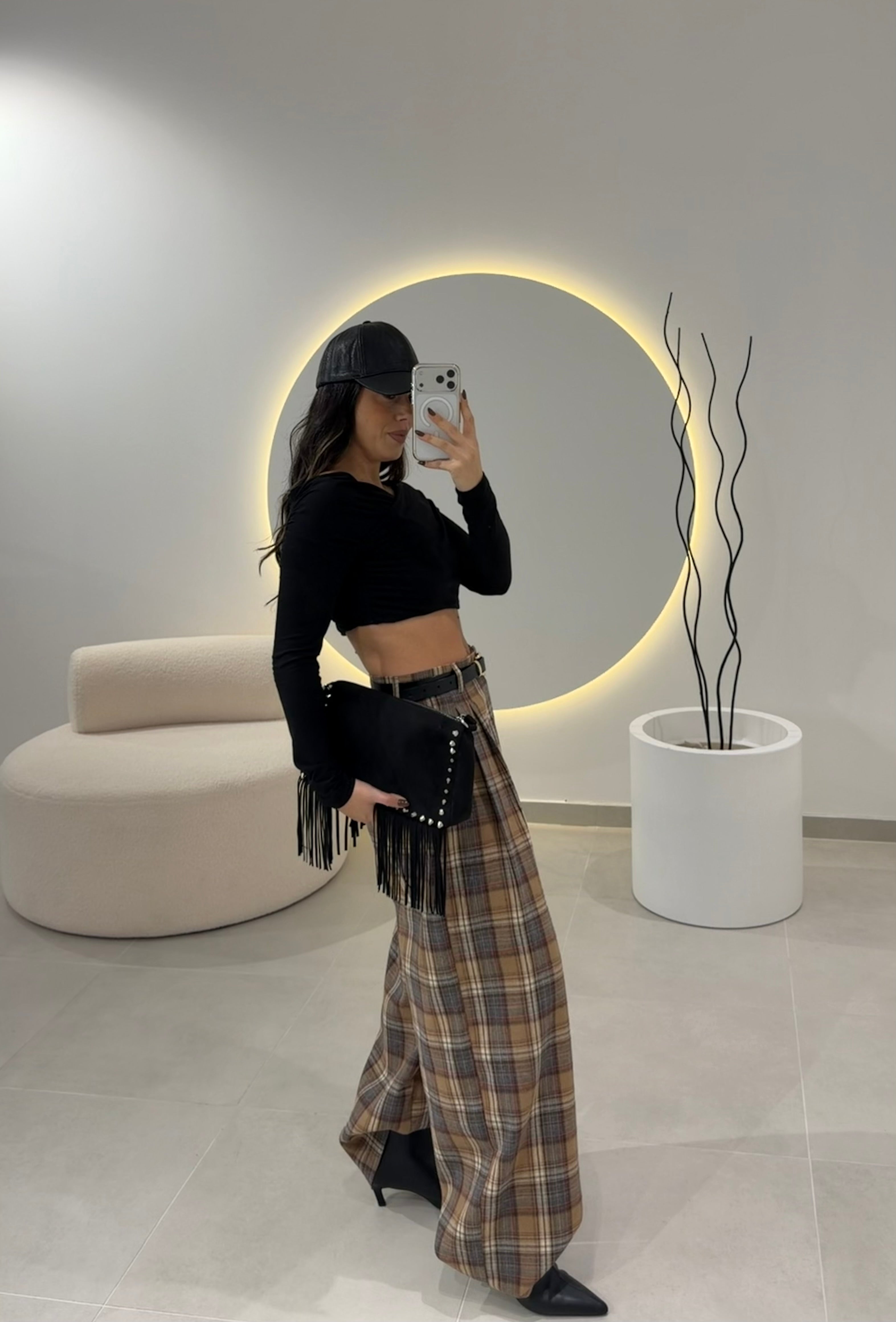 Beige Plaid Classic Trousers