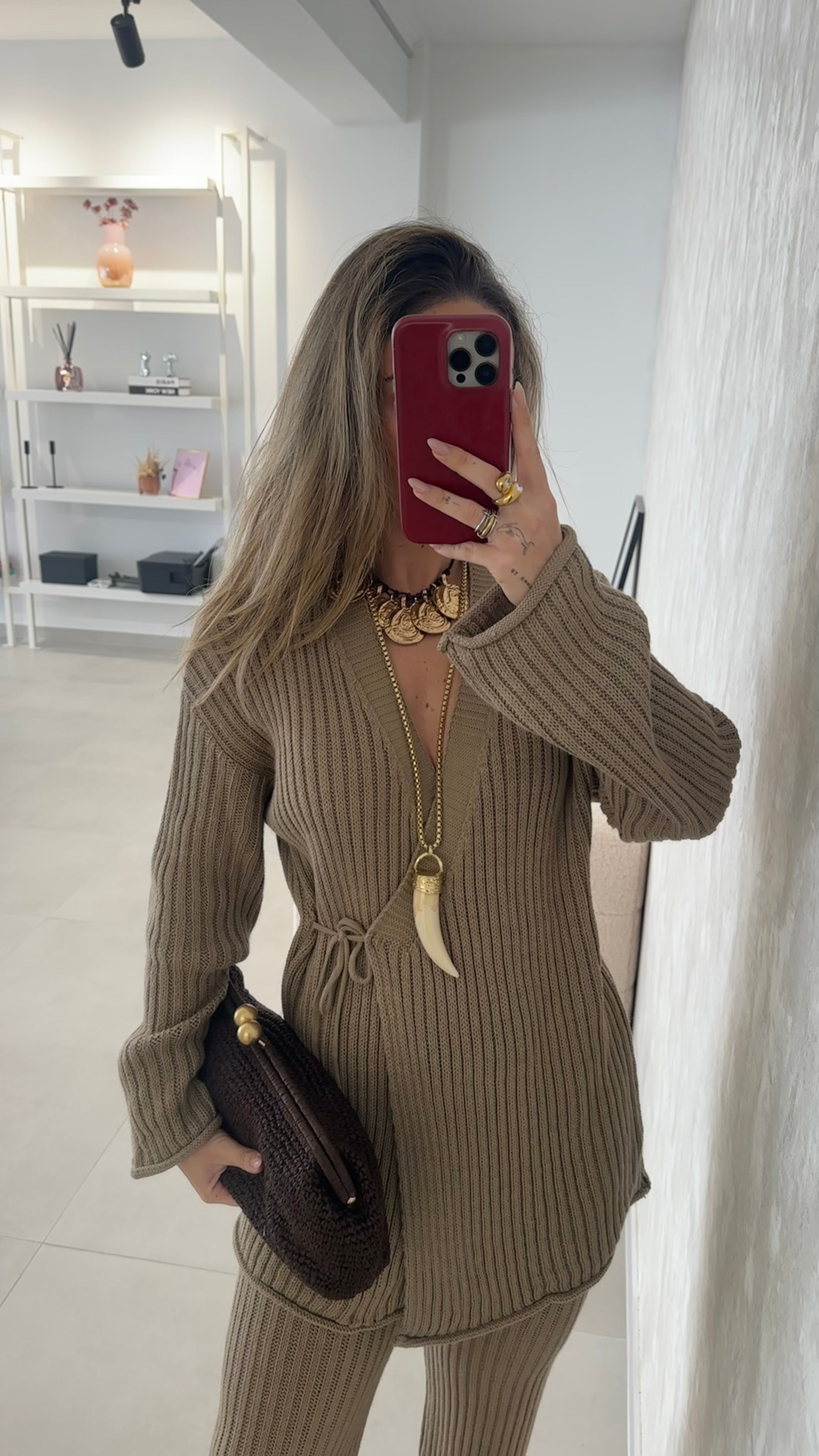 Camel Cardigan and Trousers Set