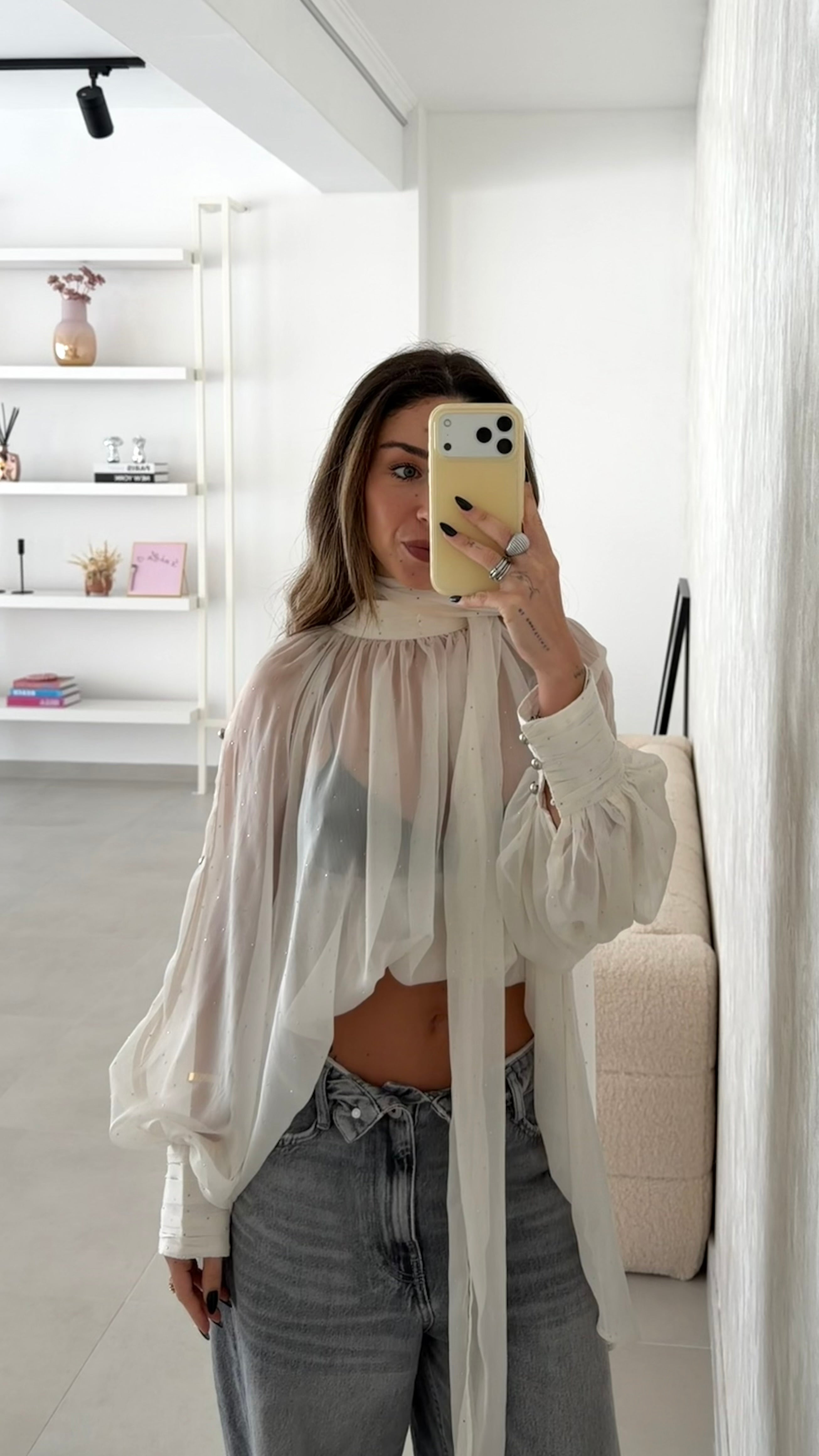 Sheer Flowy Blouse with Scarf