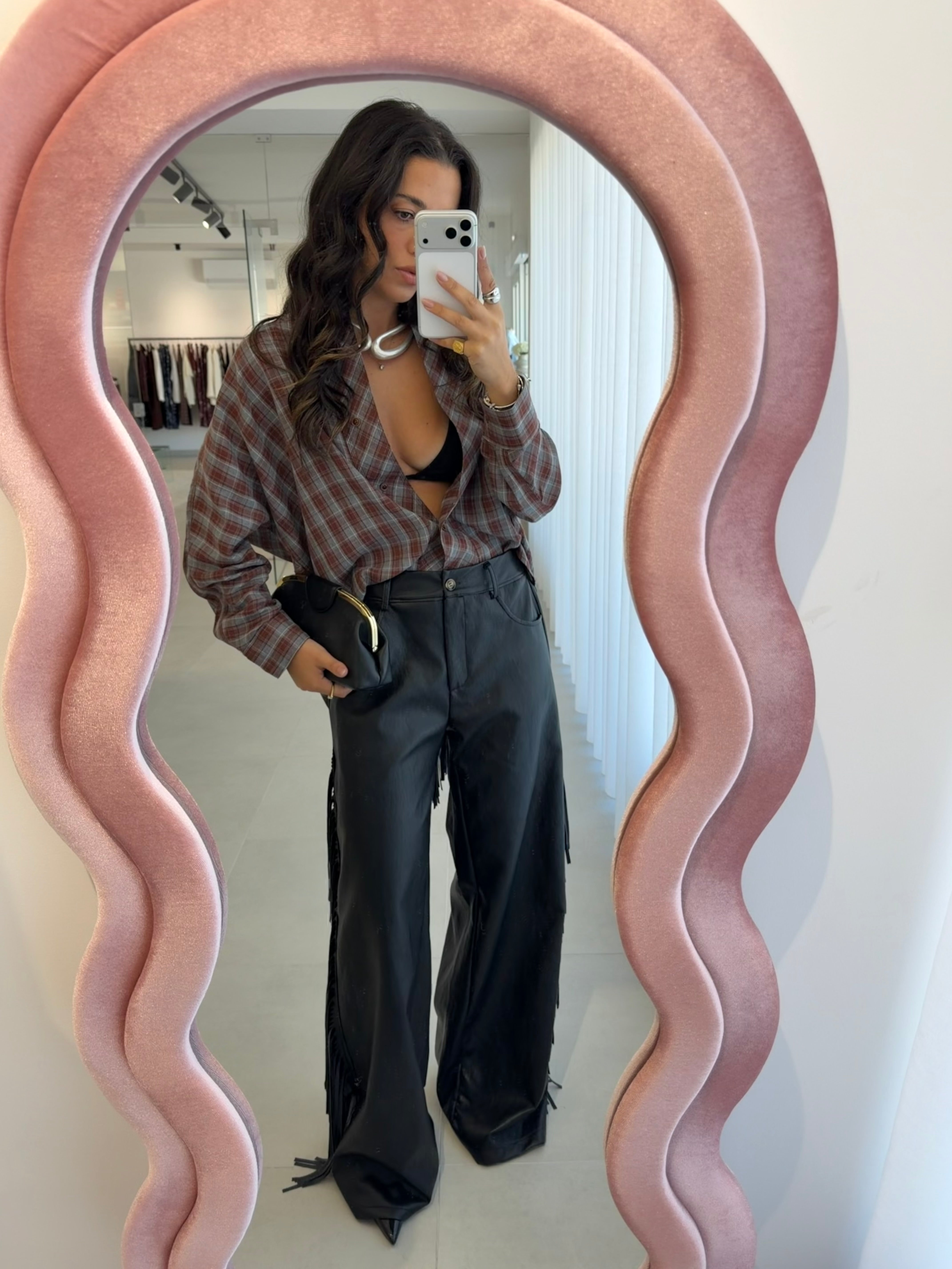 Black Fringed Faux Leather Pants