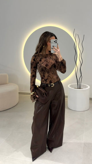 Brown Bodysuit with Flower Details