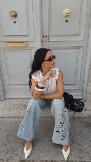 Embroidered Wide Leg Jeans