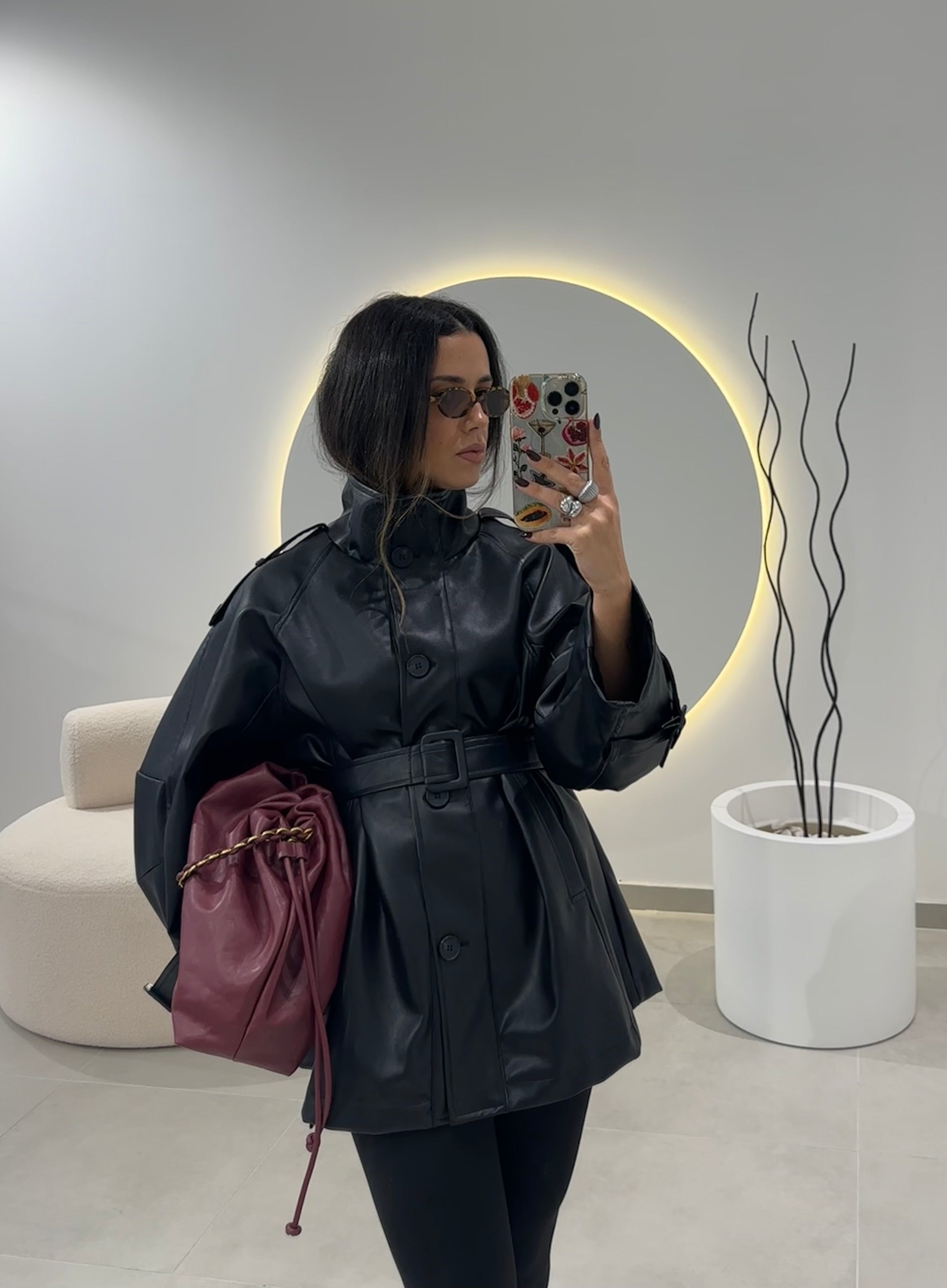 Black Faux Leather Trench