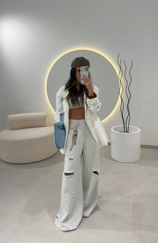 White Wide Leg Jeans With Charm