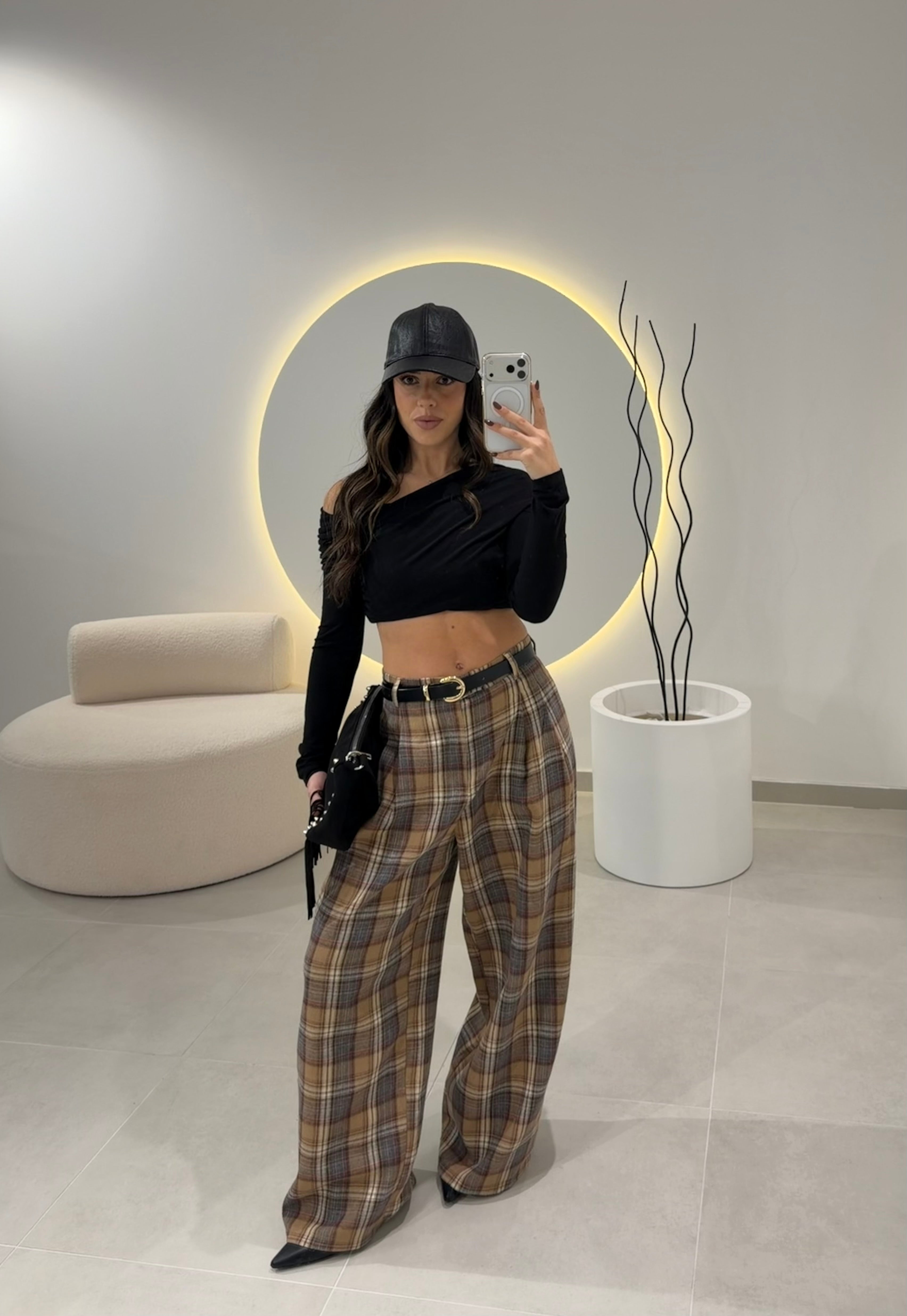 Beige Plaid Classic Trousers