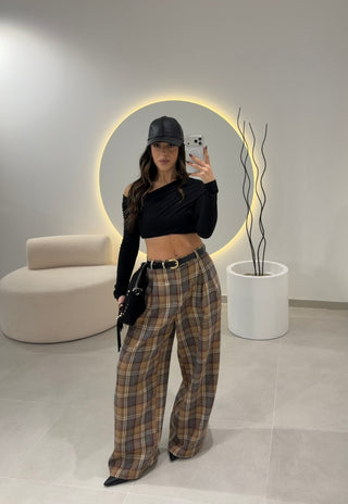 Beige Plaid Classic Trousers