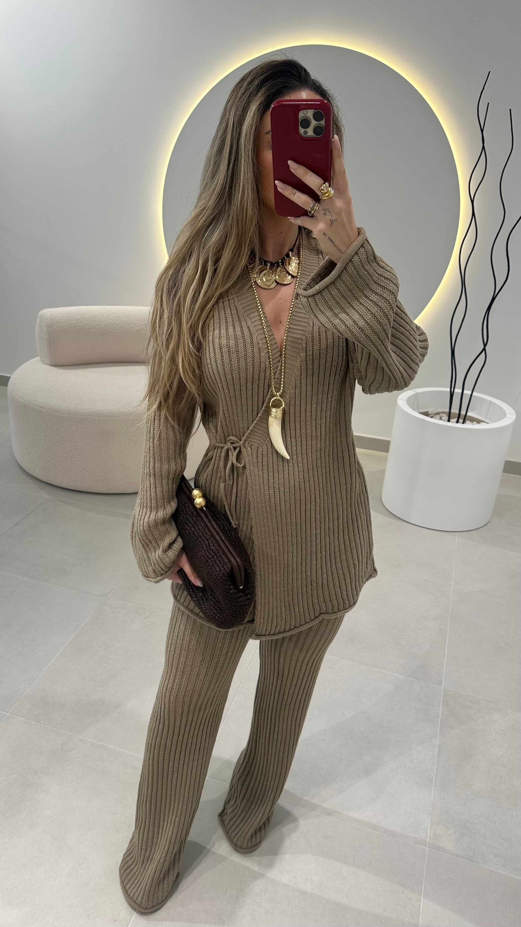 Camel Cardigan and Trousers Set