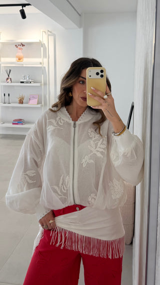 White Oversized Embroidered Bomber