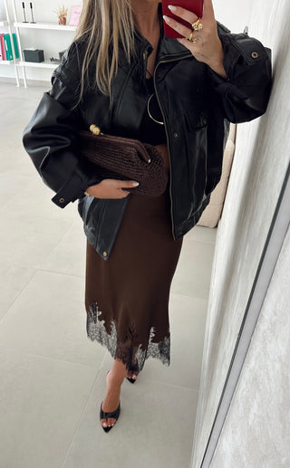 Brown Midi Skirt with Lace