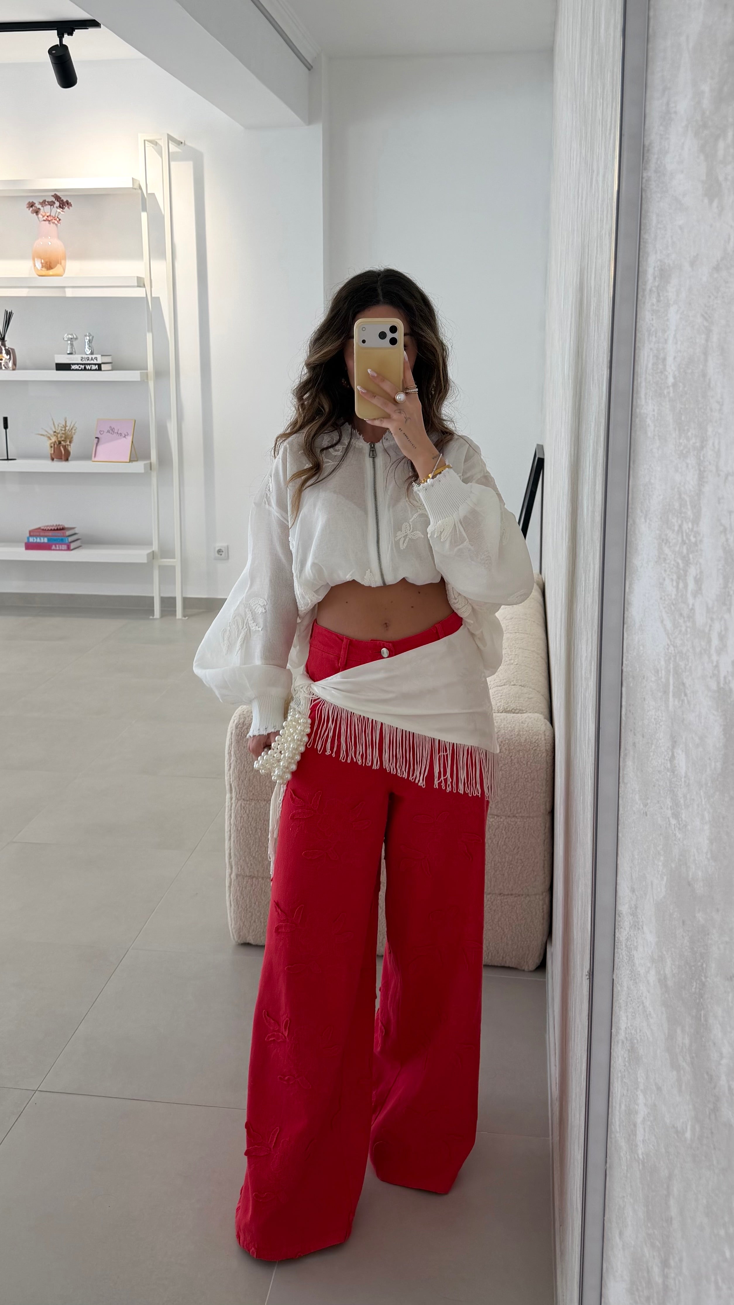 Red Embroidered Jeans Lumina