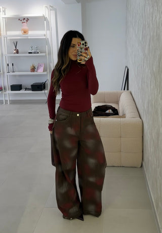 Brown Balloon Jeans With Print