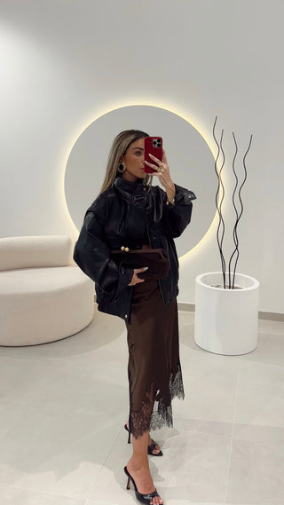 Brown Midi Skirt with Lace