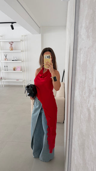 Red Asymmetrical Lace Top LUMINA