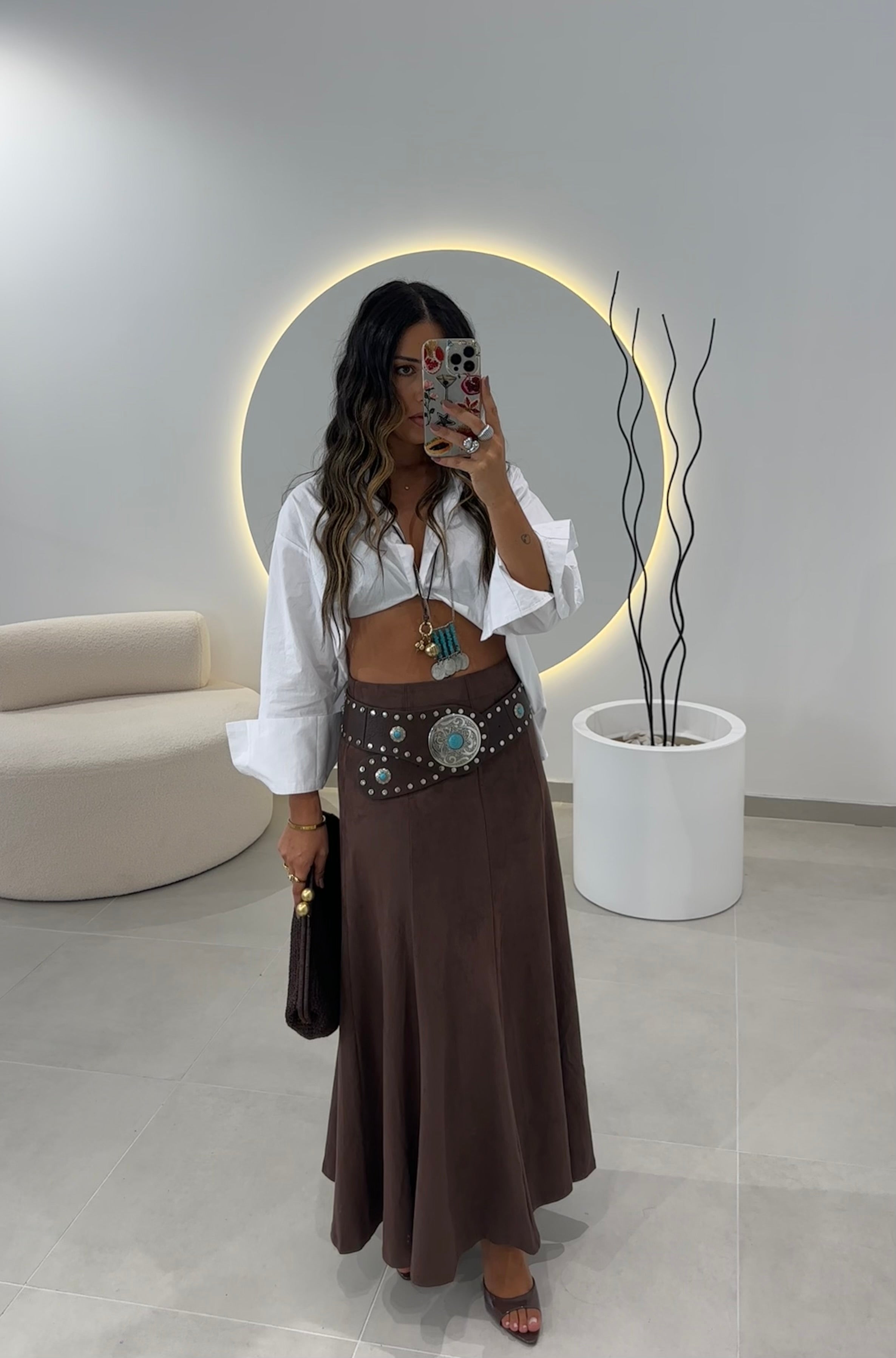 Suede Midi Skirt Brown
