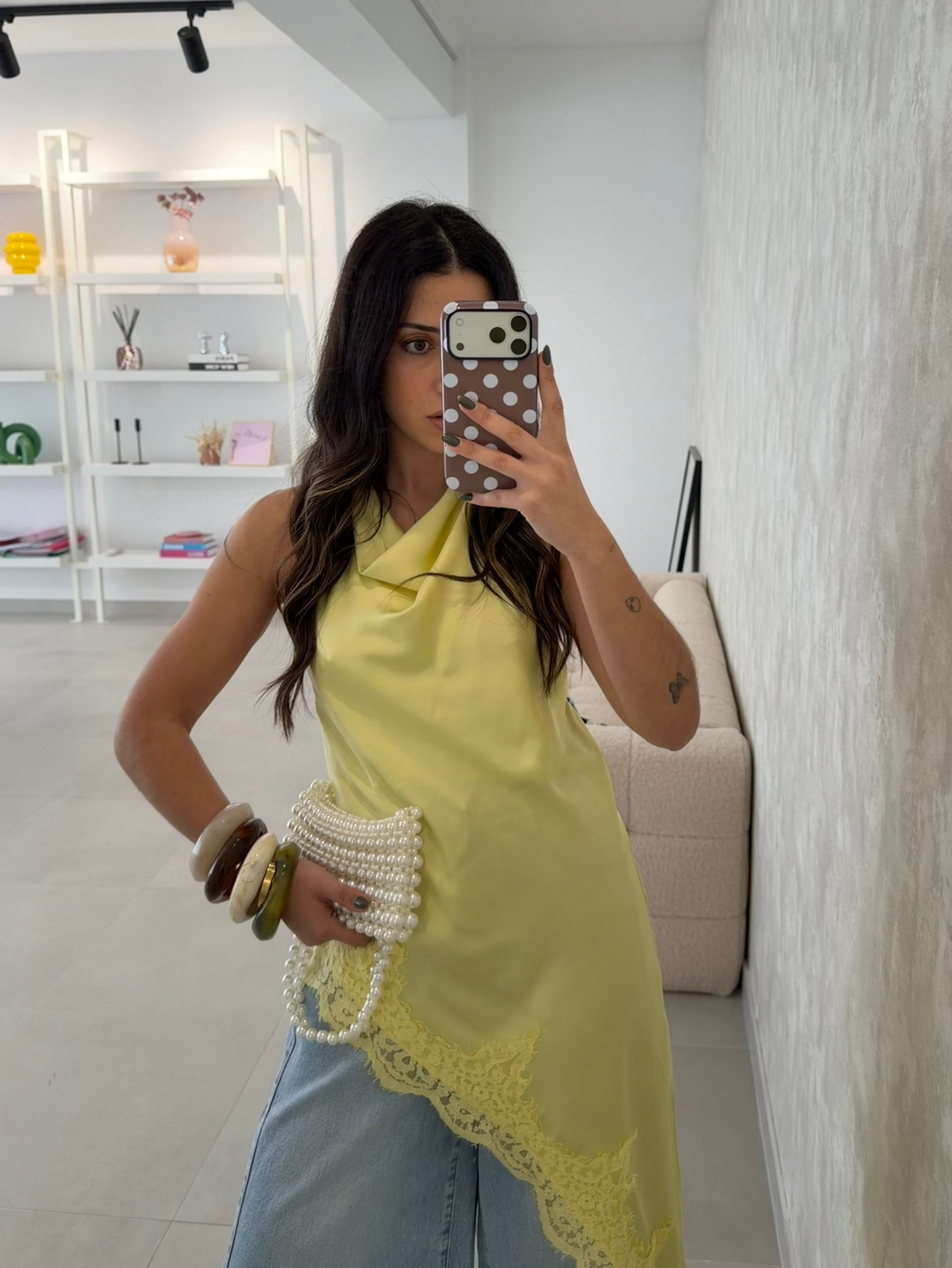 Yellow Asymmetrical Lace Top Lumina