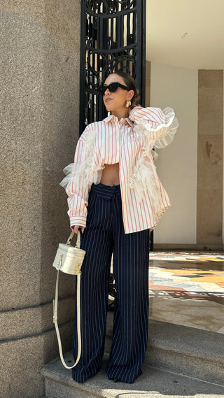 Camisa Riscas Rosa e Tule
