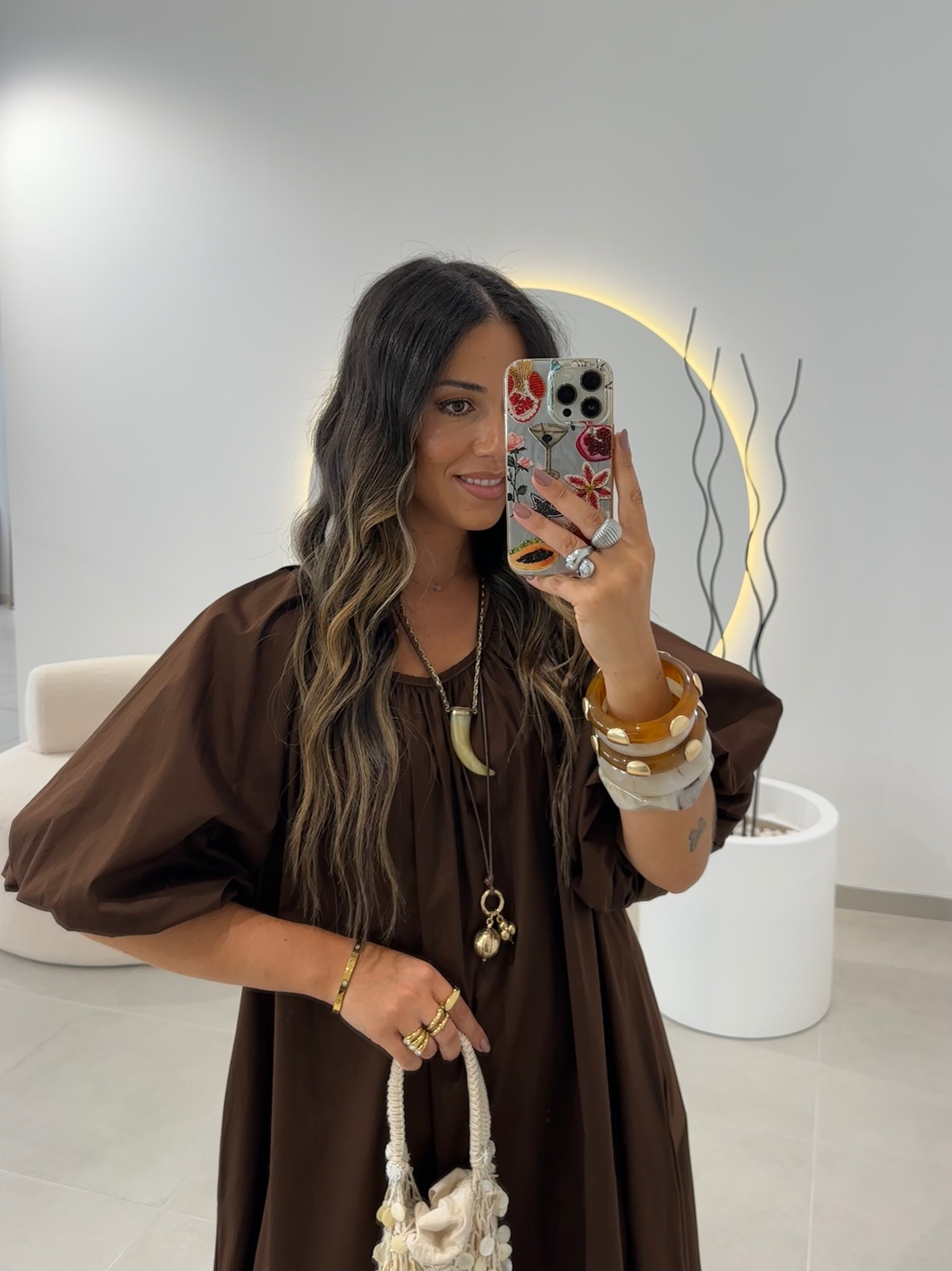 Brown Balloon-Sleeves Dress