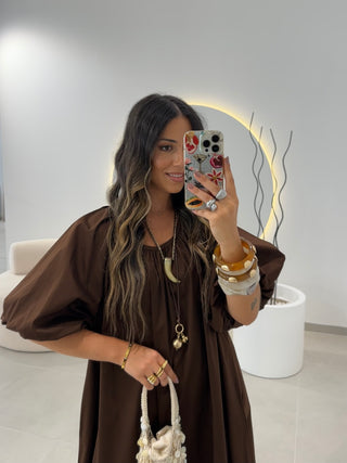 Brown Balloon-Sleeves Dress