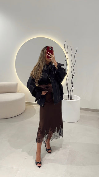 Brown Midi Skirt with Lace