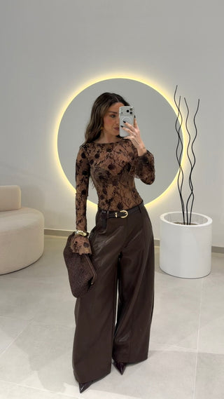 Brown Bodysuit with Flower Details