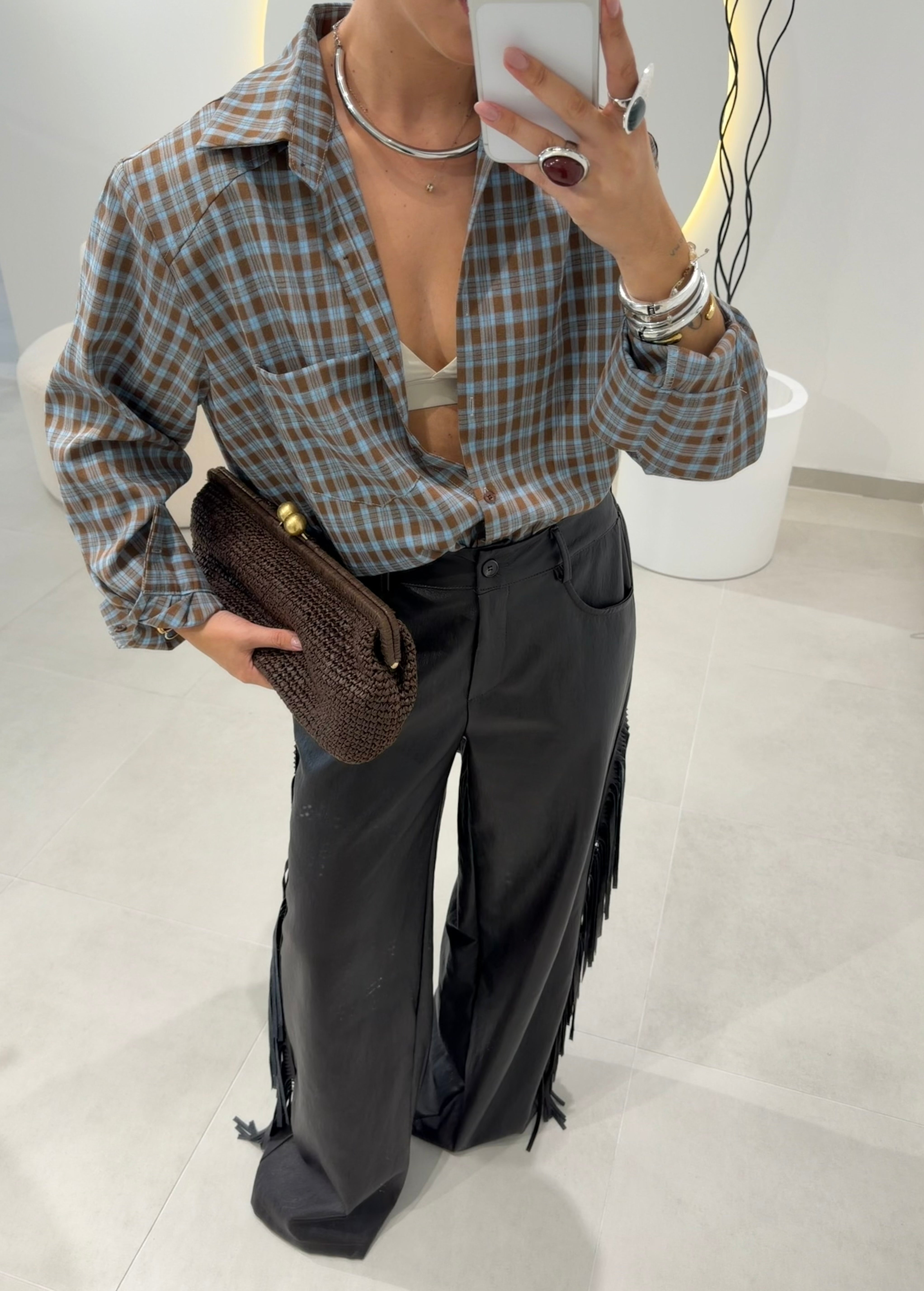 Brown Fringed Faux Leather Pants