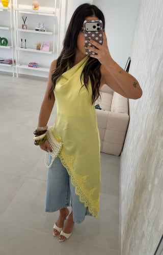 Yellow Asymmetrical Lace Top Lumina