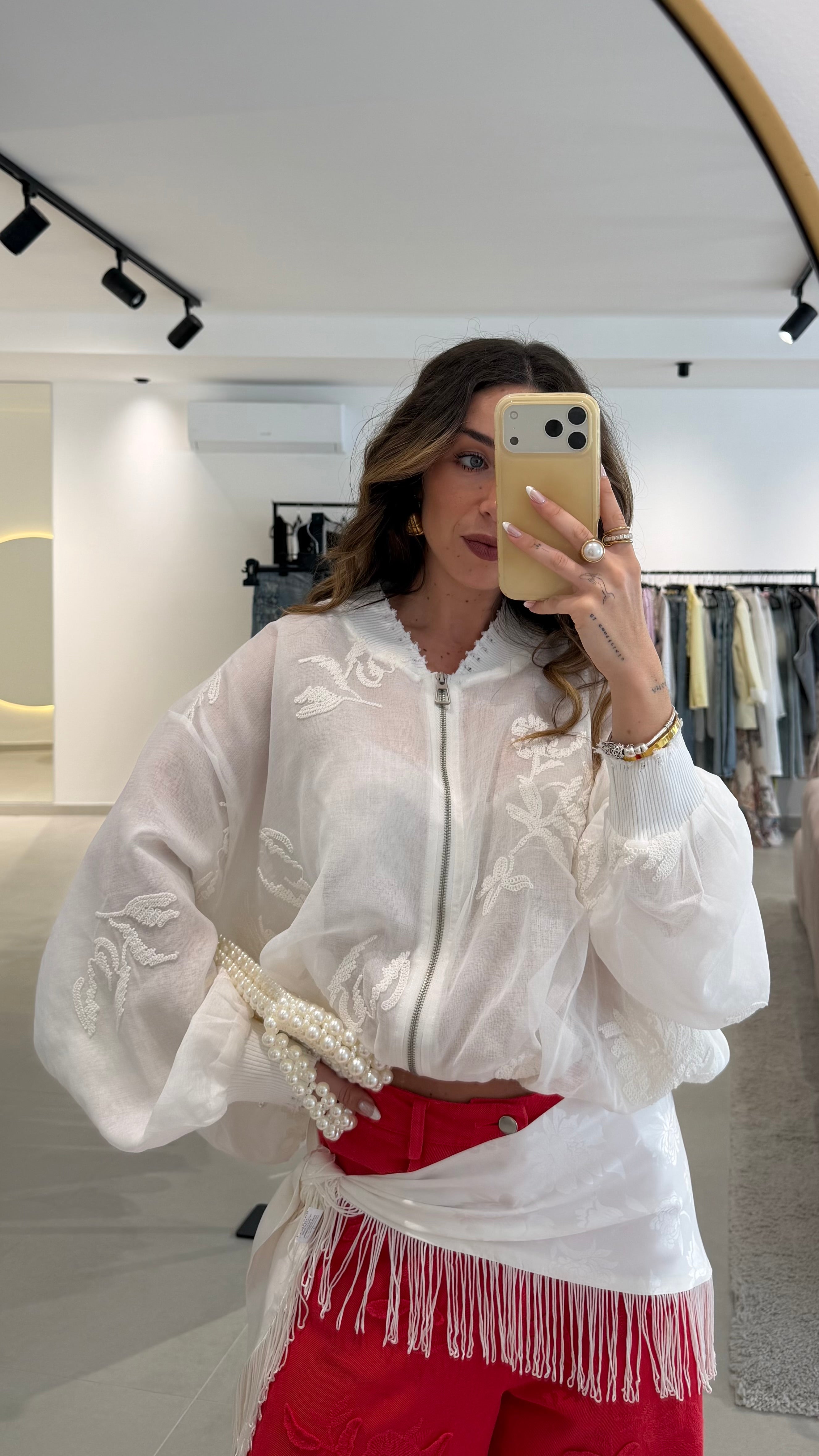 White Oversized Embroidered Bomber